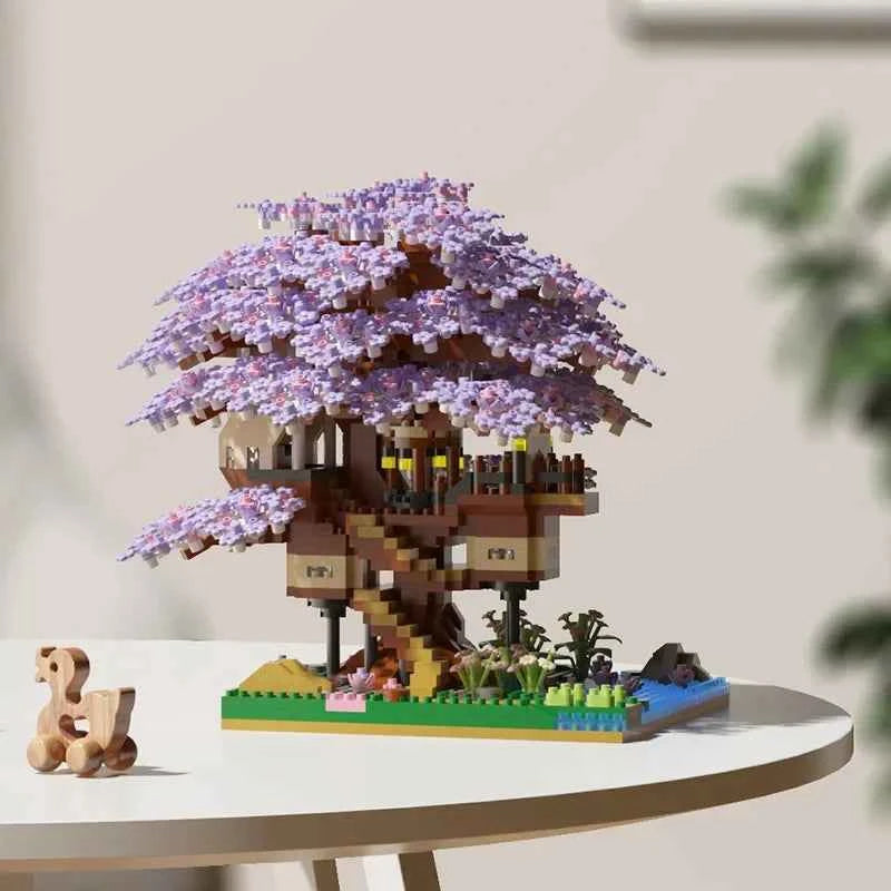 DIY Sakura Tree Building Blocks Set Diy Cherry Blossom Bricks with Light Treehouse Model Ornament Romantic Gift for Girl Friend