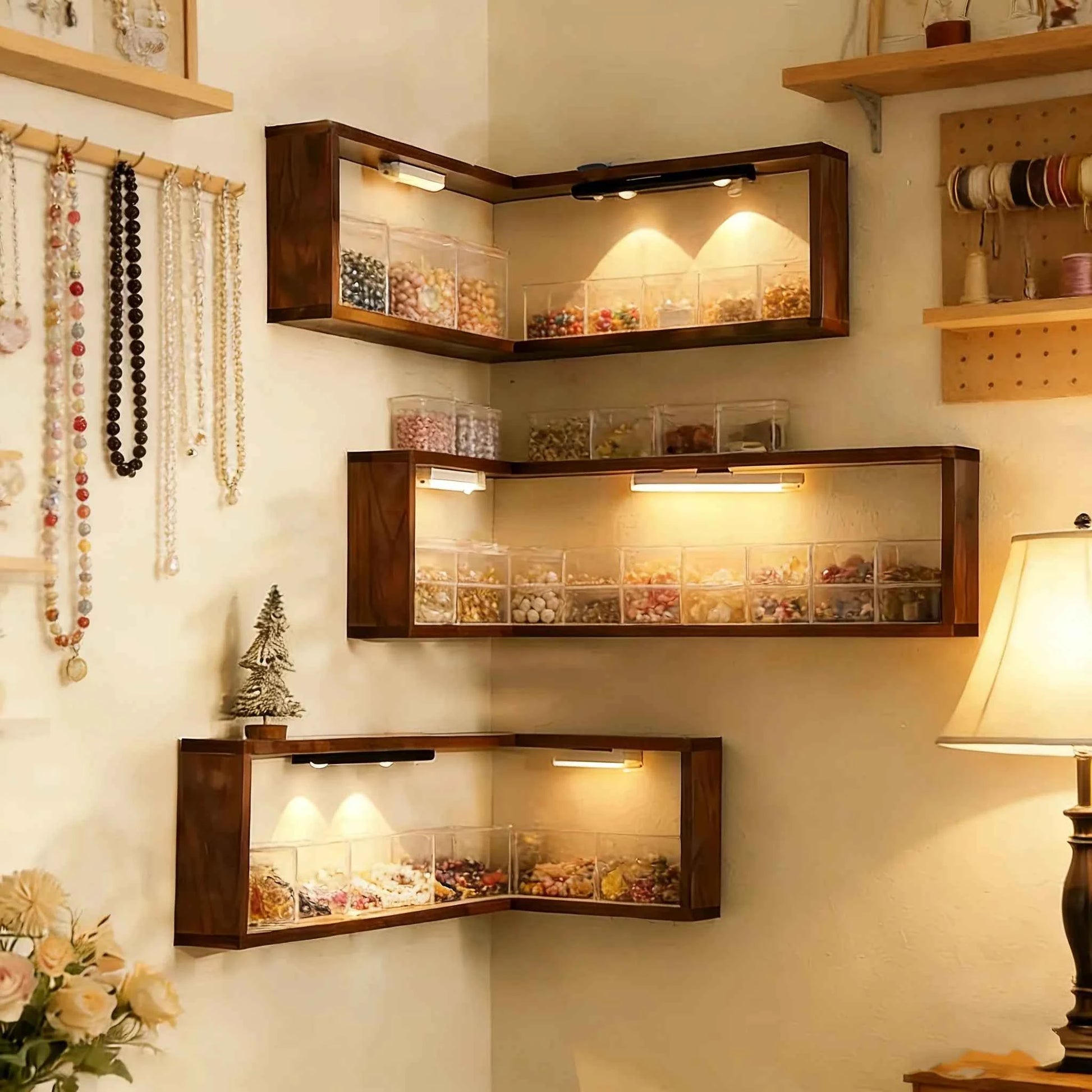 L-Shaped Corner Floating Wall Shelves Wholesale, Wooden Display Shelf with Dividers, Wall Mounted Organizer for Jewelry, Crafts,
