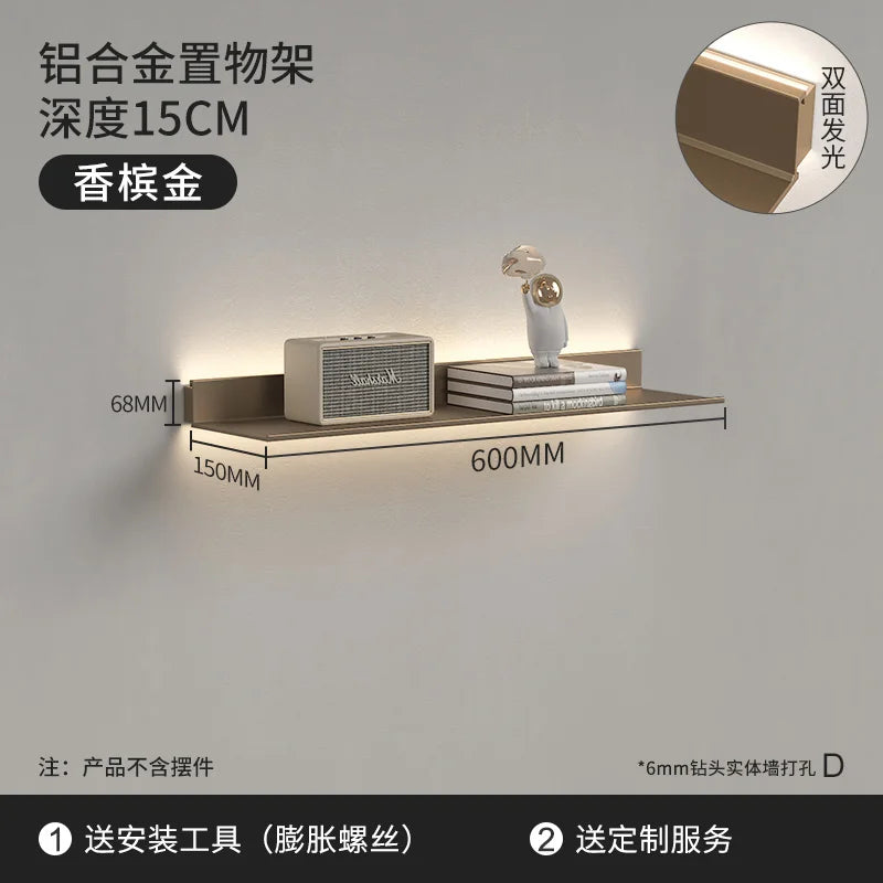 Luminous LED Storage Rack Aluminum Alloy Wall Holder L-shaped One-word Bookshelf for Living Room Metal Glowing Display Shelf The Home Essentials