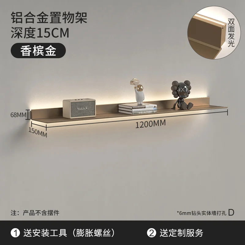 Luminous LED Storage Rack Aluminum Alloy Wall Holder L-shaped One-word Bookshelf for Living Room Metal Glowing Display Shelf The Home Essentials
