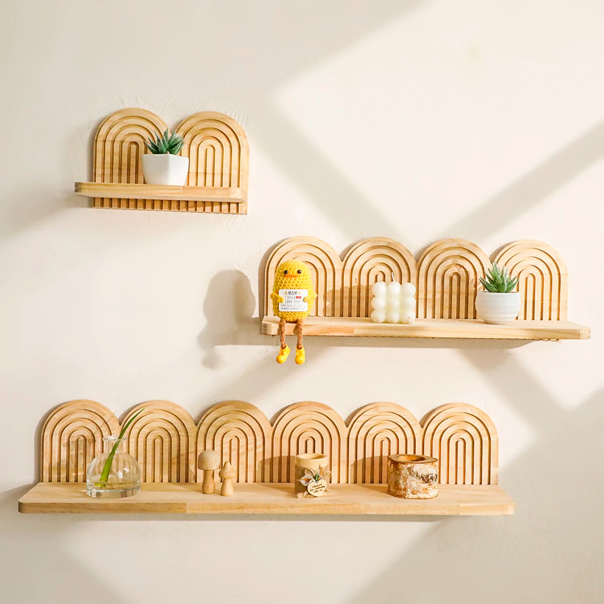 1pc Rustic Wooden Wall Mounted Shelves, Rainbow Arch Design, Decorative Display Racks for Succulents, Crystals & Home Decor Gift