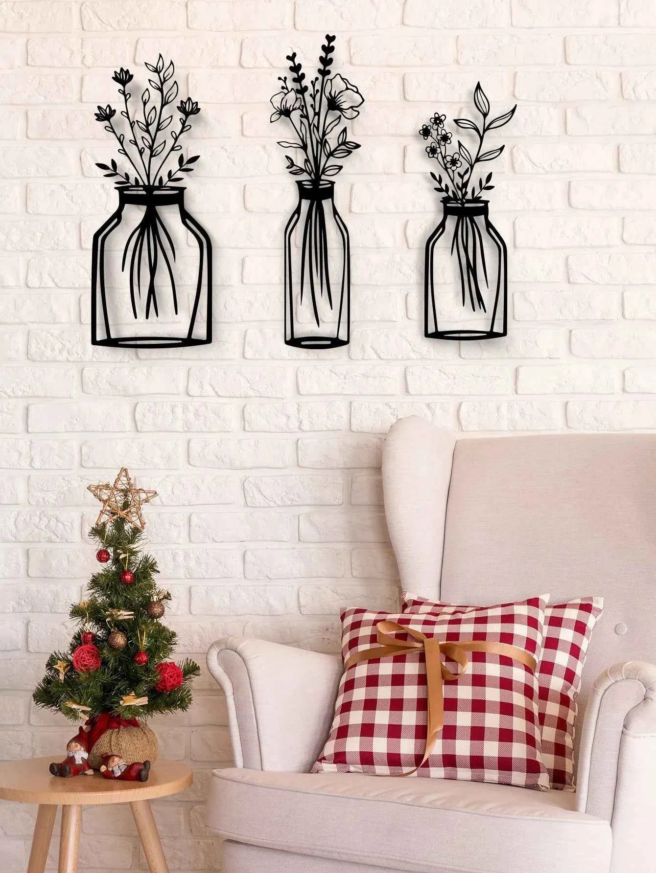 3Pcs Black Metal Flowers Wall Decor Minimalist Floral Wall Hanging Art, Black Abstract Line for Bedroom Wall Art Sculptures