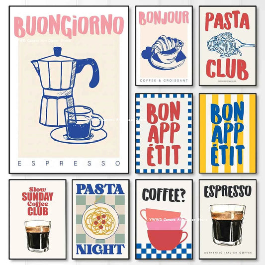 Bon Appetit Typesetting Kitchen Canvas Printing Moka Pot Espresso Art Poster for Modern Living Room Dining Room Home Decor Gift