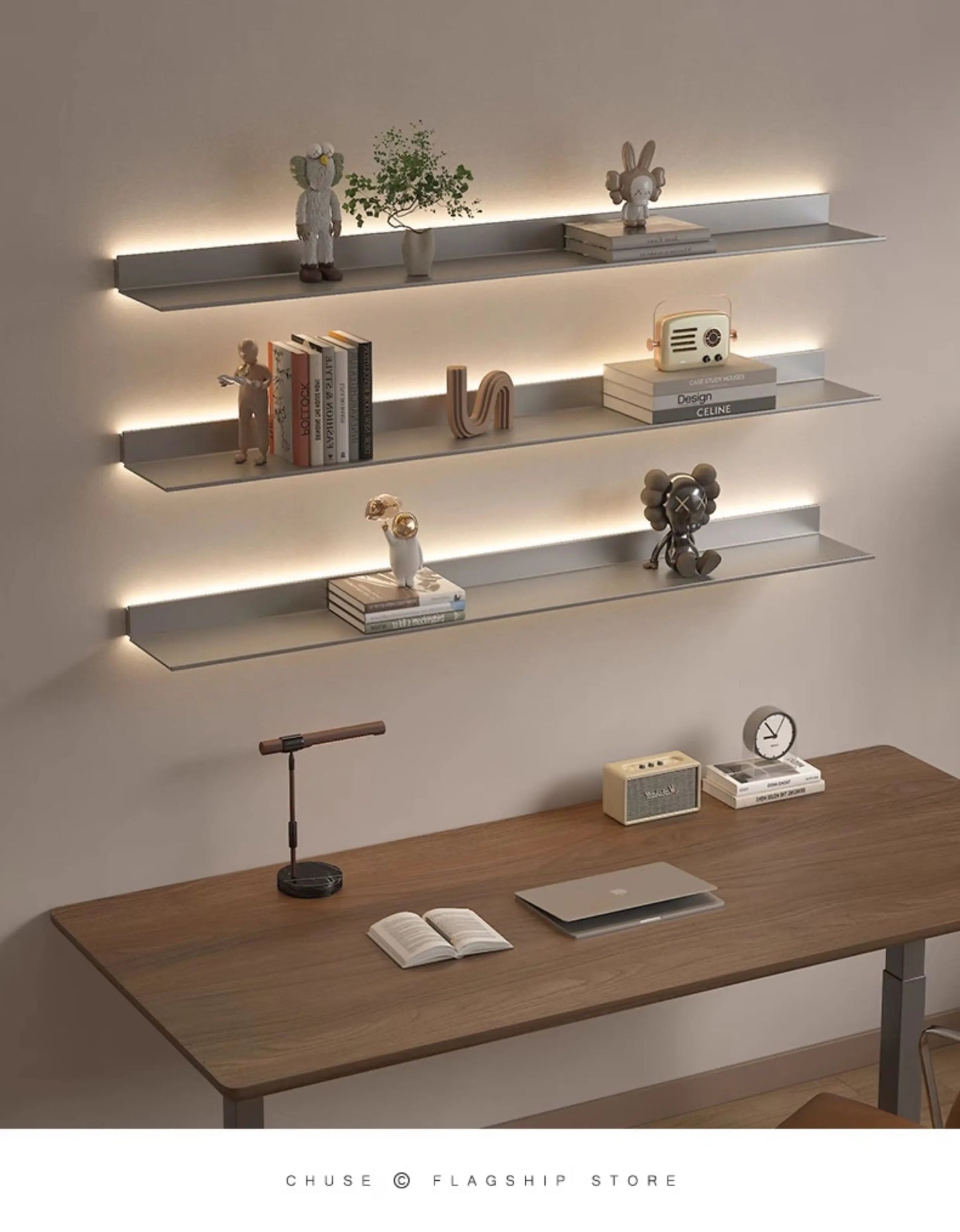 Luminous LED Storage Rack Aluminum Alloy Wall Holder L-shaped One-word Bookshelf for Living Room Metal Glowing Display Shelf The Home Essentials