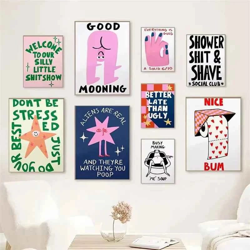 Humorous Slogan Nice Bum Cartoon Prints Family Canvas Painting Funny Toilet Bathroom Posters Alien Wall Pictures Home Room Decor