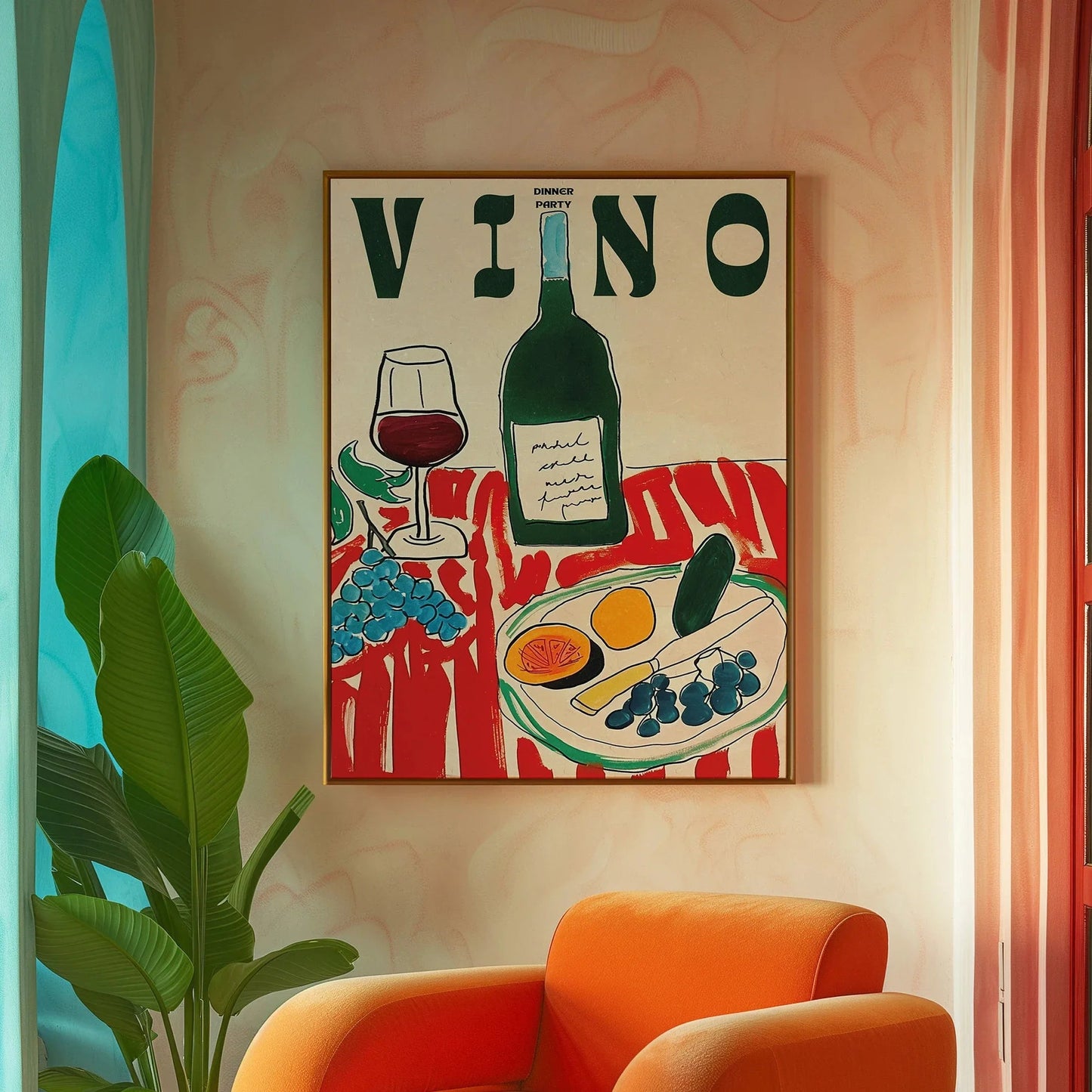 Amore Green Striped Canvas Printing Vino Wine Glass & Pepper Wall Art Poster Modern Living Room Bedroom Kitchen Home Decor Gifts The Home Essentials