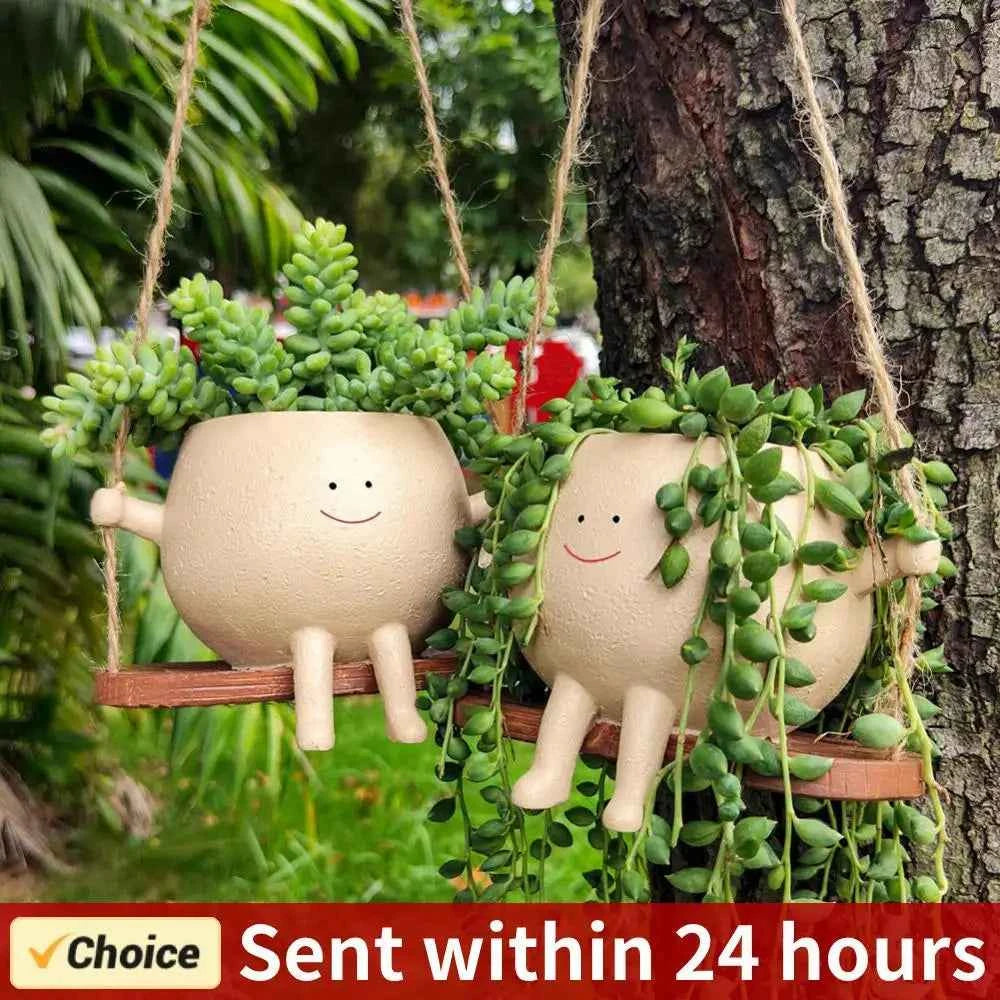 Swing Flower Container Resin Cartoon Flowerpot Creative Wall Hanging Head Planter Multifunctional Home Garden Patio Accessories