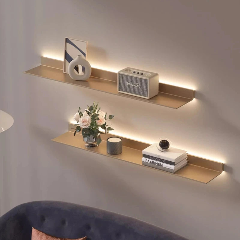 Luminous LED Storage Rack Aluminum Alloy Wall Holder L-shaped One-word Bookshelf for Living Room Metal Glowing Display Shelf The Home Essentials