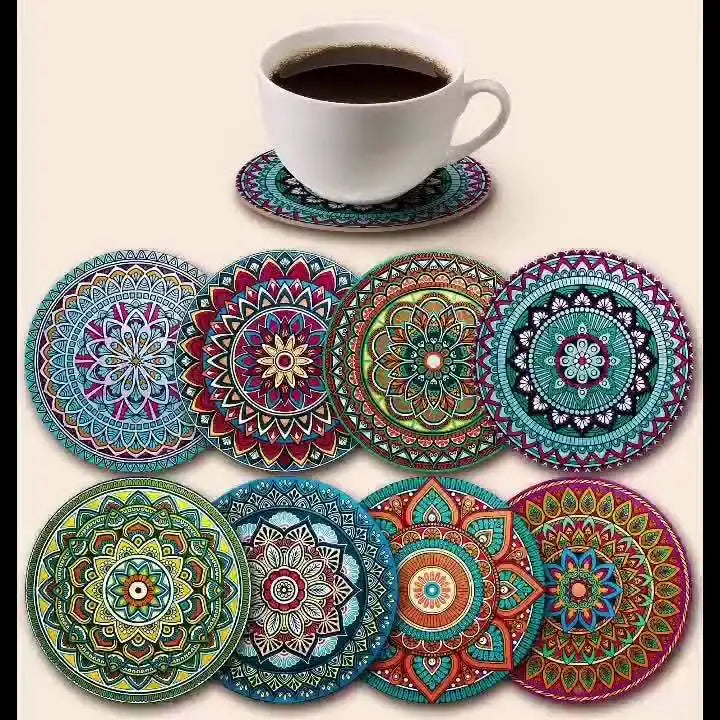 8-Piece Wooden Mandala Coaster Set - Must-Have for Bar, Office, and Home Decor Holiday/Party The Home Essentials