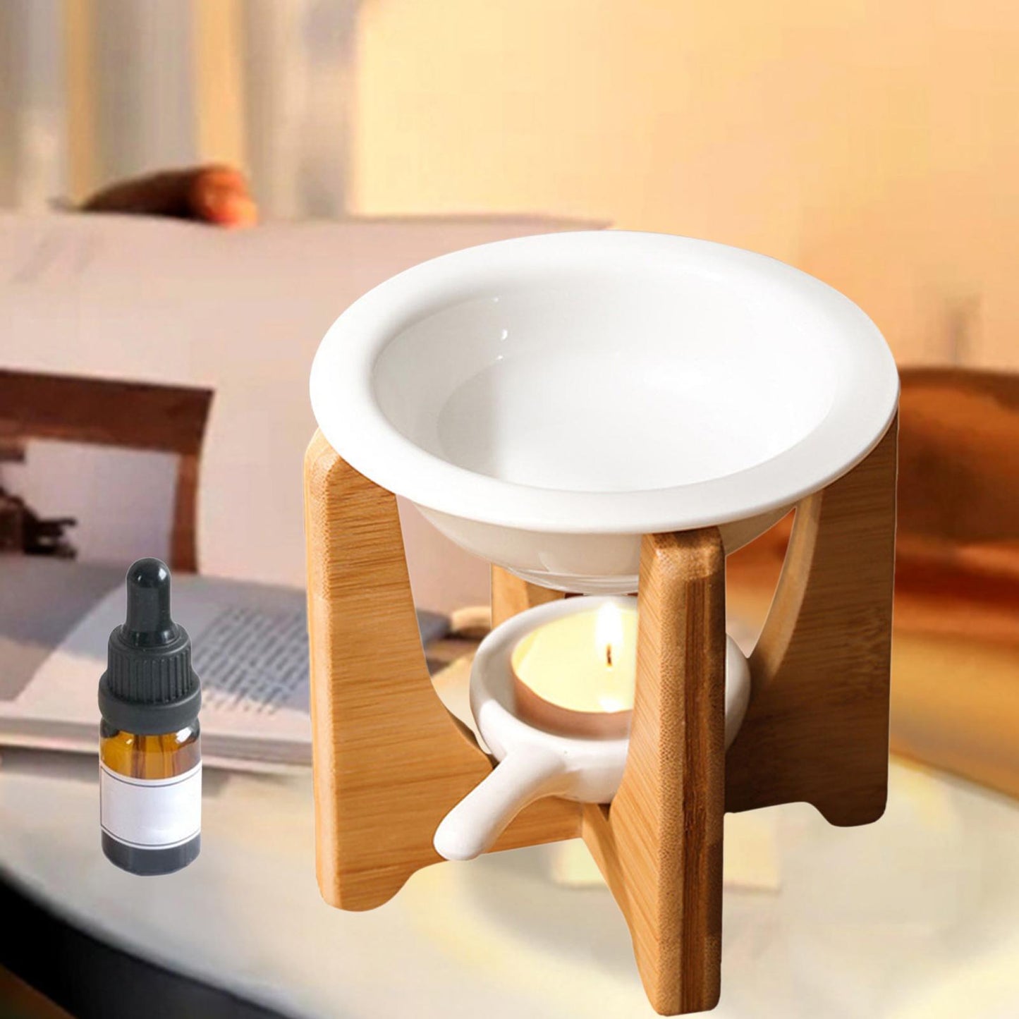 Ceramic Candle Holder Essential Oil Burner Diffuser Furnace Warmer Tealight Candle Wood Base Lamp Porcelain Living Room Decor The Home Essentials
