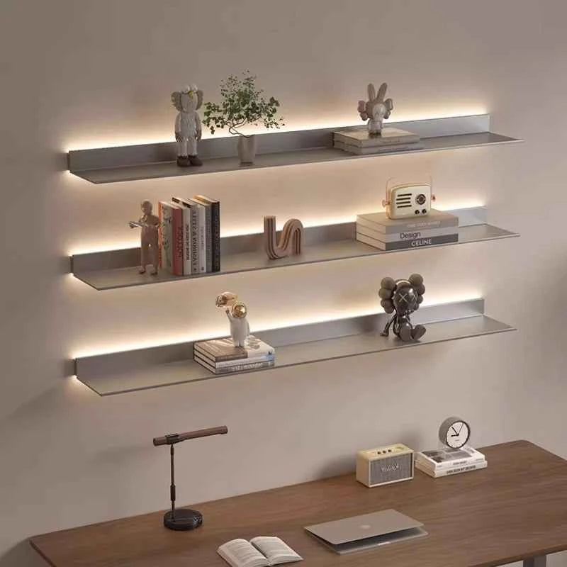 Luminous LED Storage Rack Aluminum Alloy Wall Holder L-shaped One-word Bookshelf for Living Room Metal Glowing Display Shelf