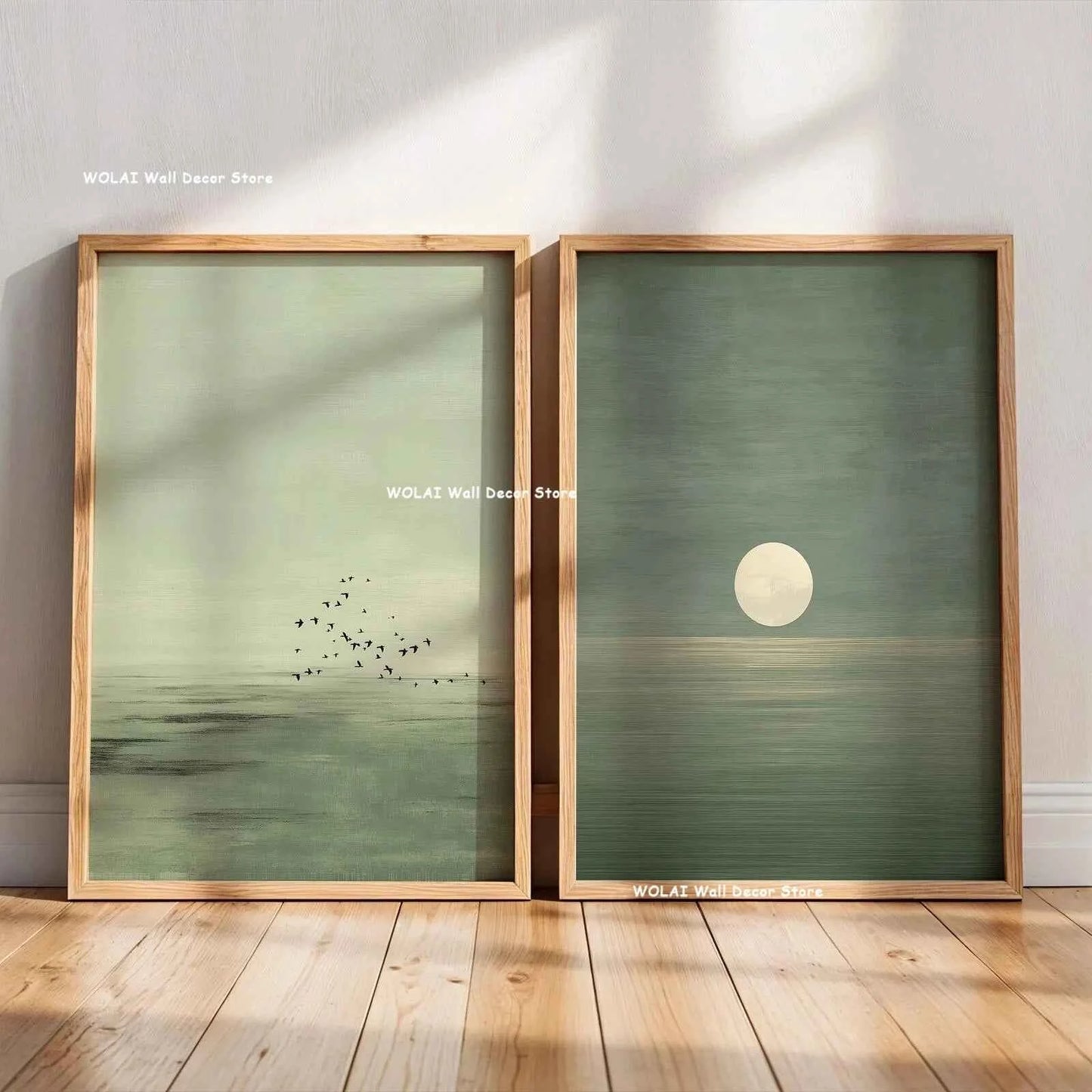 2pcs/set Japanese Retro Wabisabi Mountain Abstract Canvas Printing Abstract Green Sunset Flying Crane Wall Art Poster Home Decor