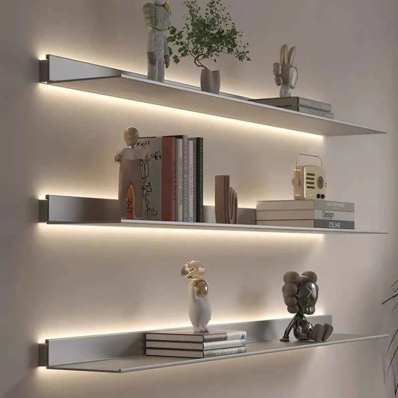 Luminous LED Storage Rack Aluminum Alloy Wall Holder L-shaped One-word Bookshelf for Living Room Metal Glowing Display Shelf