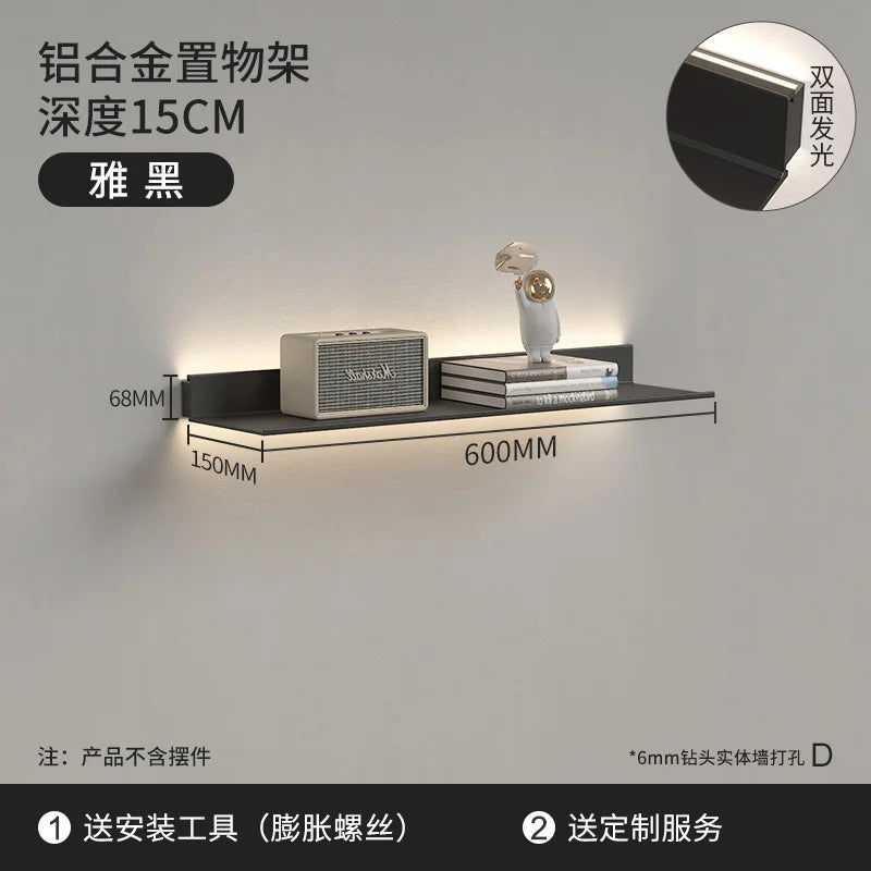 Luminous LED Storage Rack Aluminum Alloy Wall Holder L-shaped One-word Bookshelf for Living Room Metal Glowing Display Shelf The Home Essentials