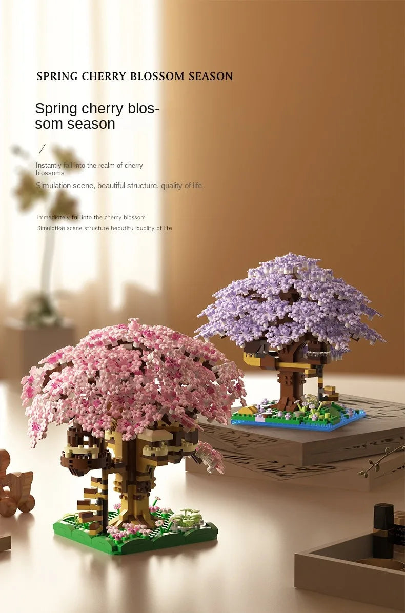 DIY Purple Romantic Cherry Blossom Flower Pink Tree House Assembly Building Blocks Classic Model Miniature Bricks Sets Kid Gifts