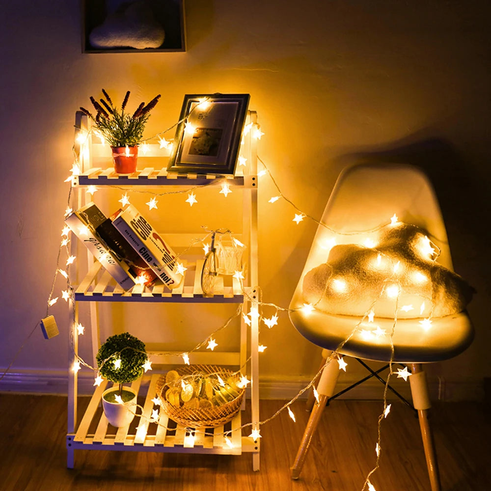 LED Star Fairy Lights Outdoor Chain Lights Garland Bulb String Lights Party Home Wedding Terrace Garden Christmas Decoration The Home Essentials
