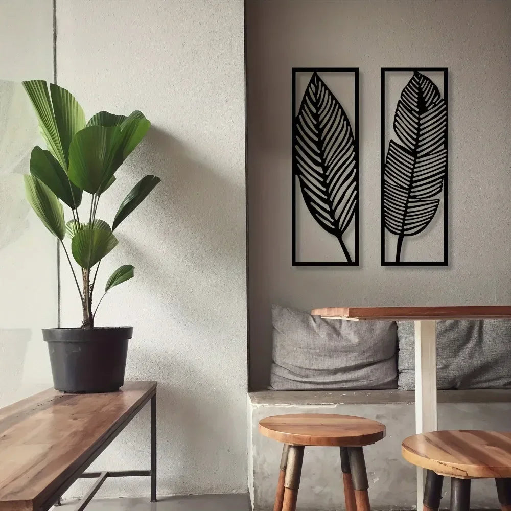 Decorative Leaves Metal Wall Art: Set of 2 for Home Wall Decor Black Metal Hanging Leaves Elegant Iron Art The Home Essentials