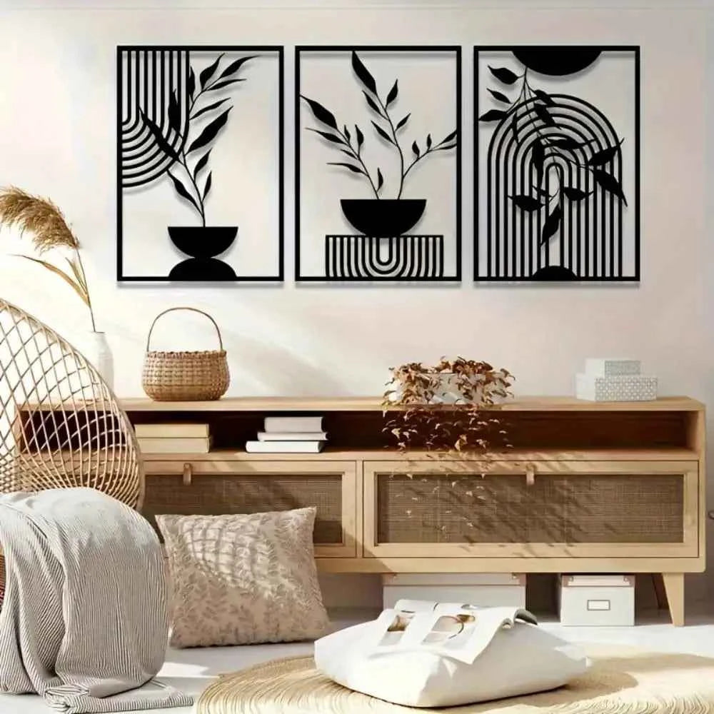Black Metal Wall Art Decor 3-Piece Set，Modern Abstract Line Design Rustproof Iron for Bedroom Living Room Indoor Outdoor