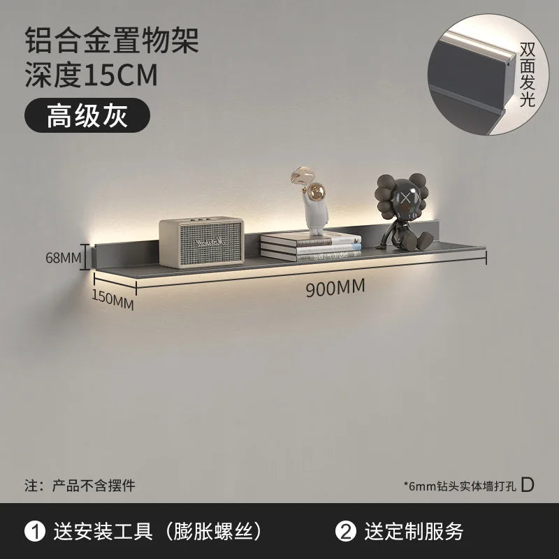 Luminous LED Storage Rack Aluminum Alloy Wall Holder L-shaped One-word Bookshelf for Living Room Metal Glowing Display Shelf The Home Essentials