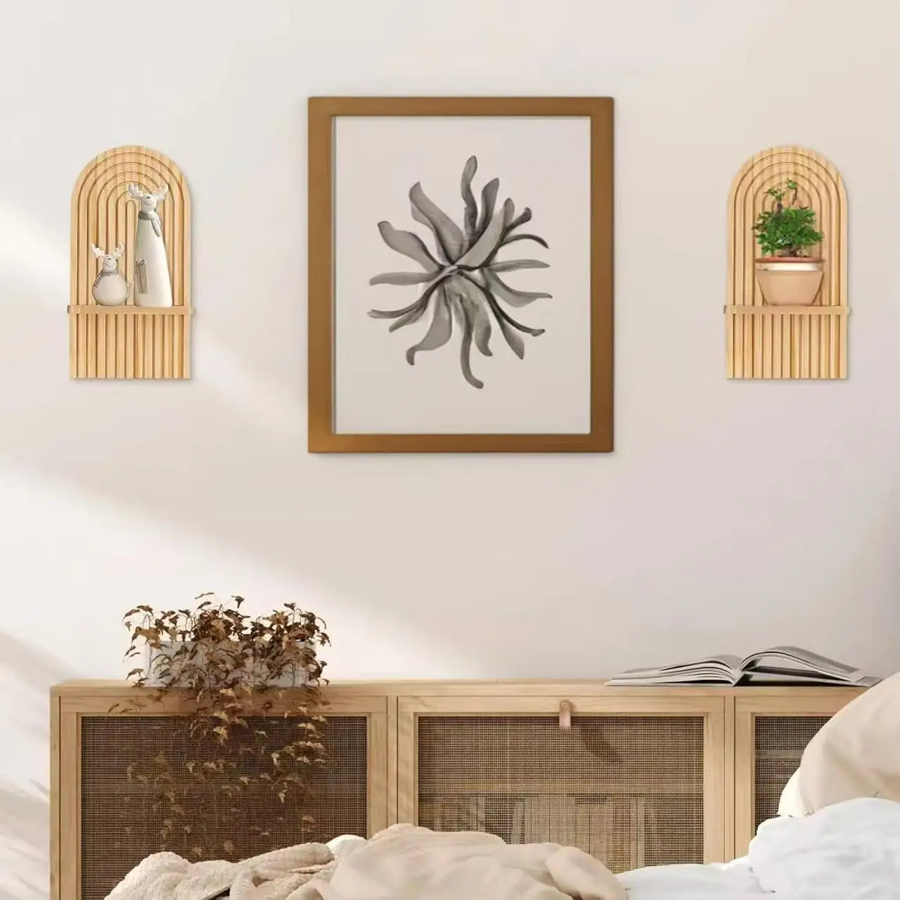 Boho Wooden Arch Wall Shelves Rustic Plants Decorative Shelf Storage Rack for Organizing & Displaying Artistic Home Decor Gifts