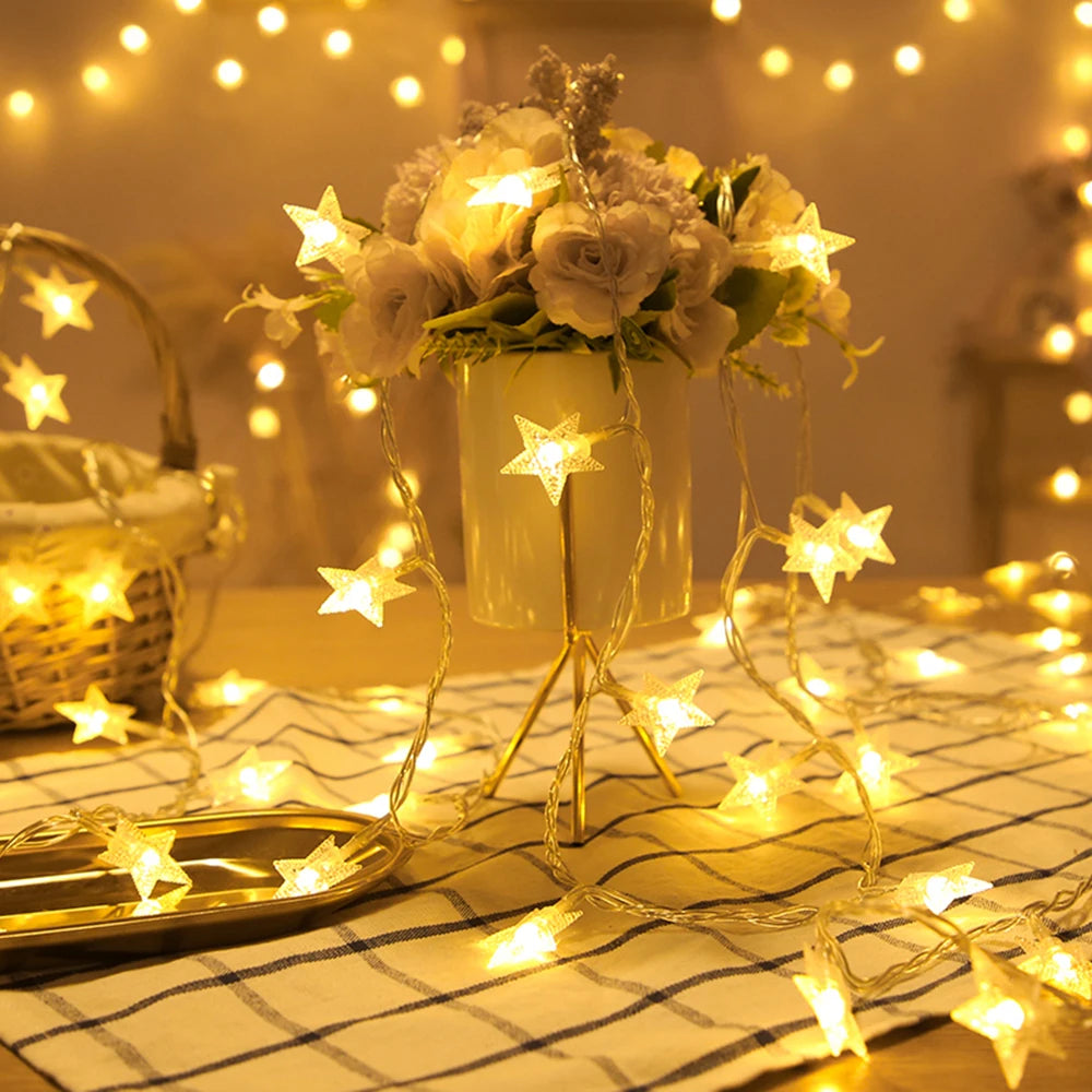 LED Star Fairy Lights Outdoor Chain Lights Garland Bulb String Lights Party Home Wedding Terrace Garden Christmas Decoration The Home Essentials