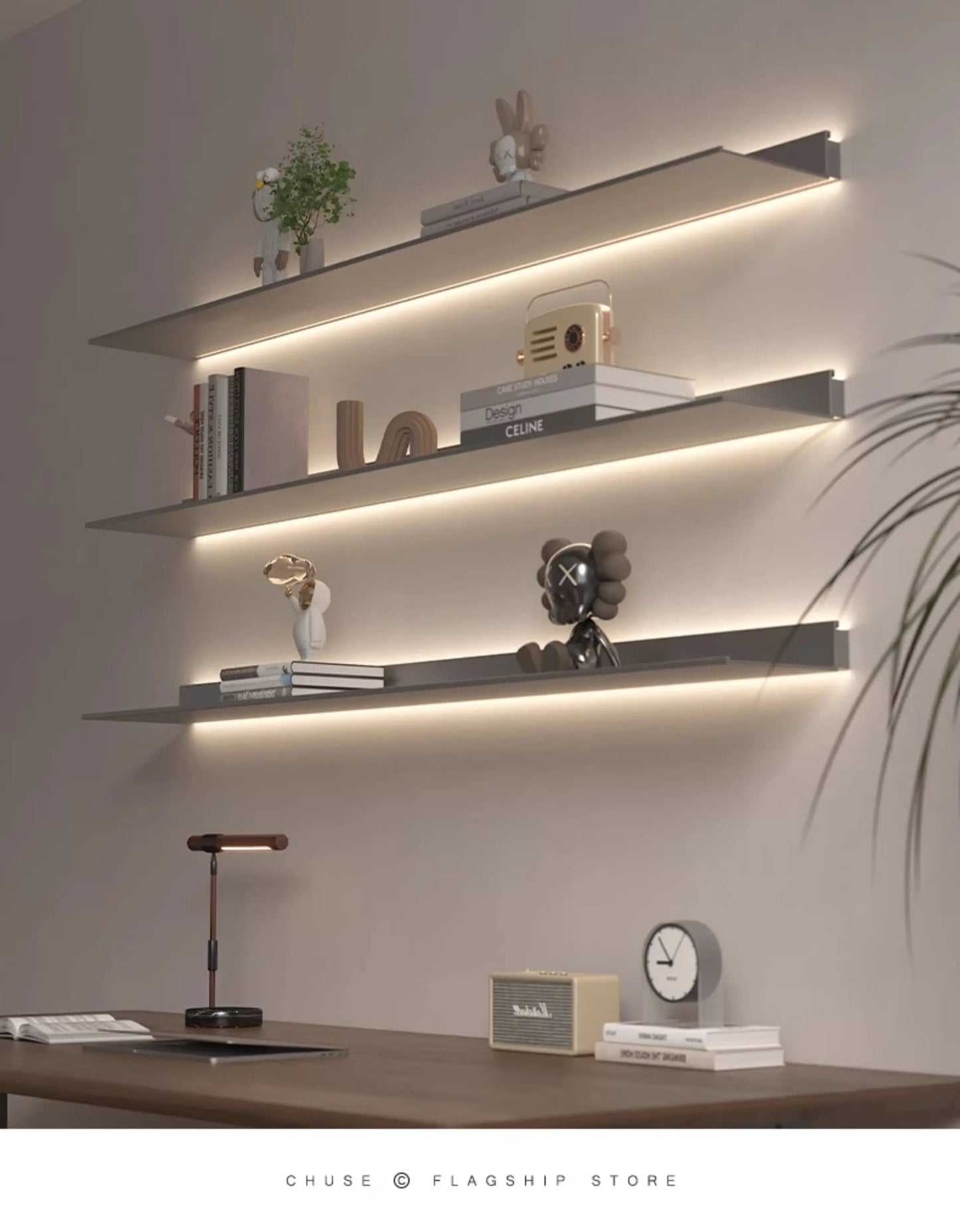 Luminous LED Storage Rack Aluminum Alloy Wall Holder L-shaped One-word Bookshelf for Living Room Metal Glowing Display Shelf The Home Essentials