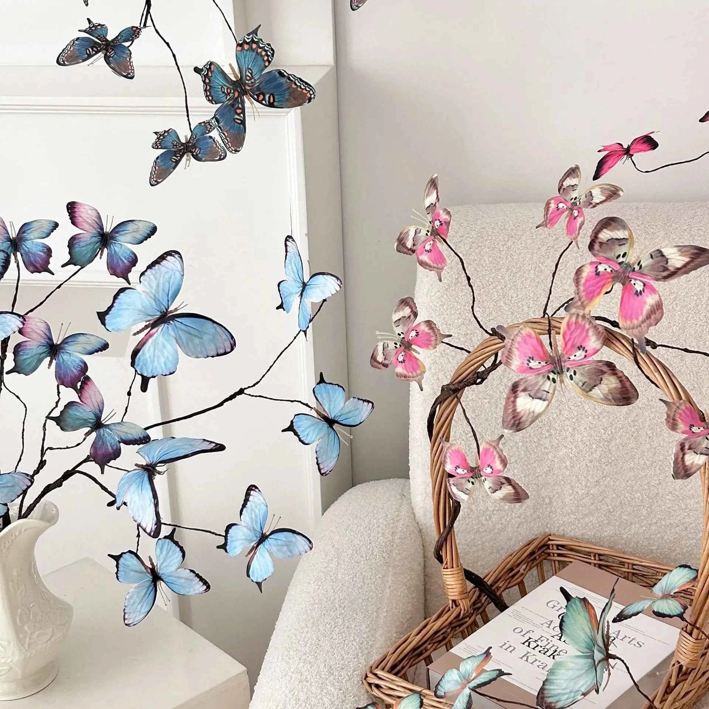 27.6 Inch Artificial Butterfly Flowers with Dried Branches Faux Floral Arrangement for Home Decor Window Display Wedding