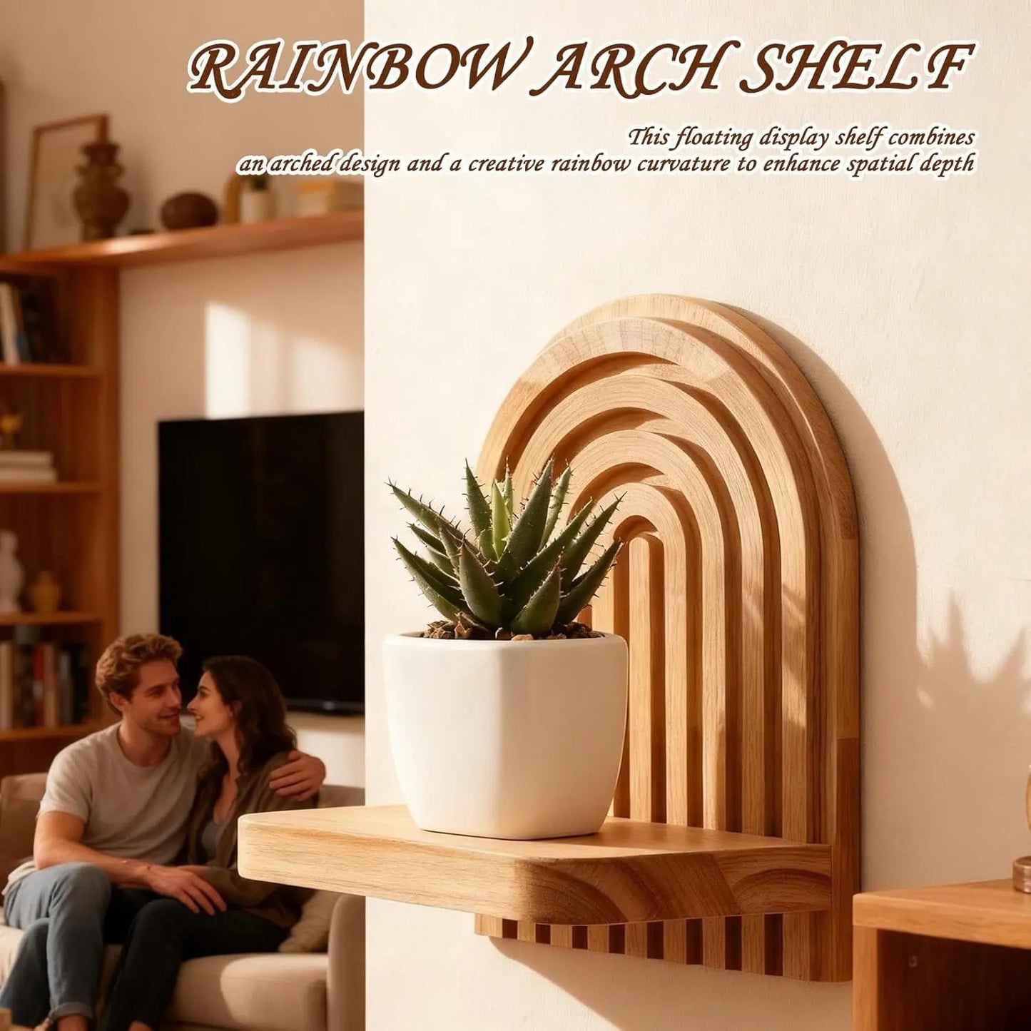 1pc Rustic Wooden Wall Mounted Shelves, Rainbow Arch Design, Decorative Display Racks for Succulents, Crystals & Home Decor Gift