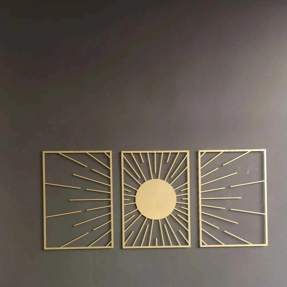 SUN framed wall art , Abstract Sun Wall Decor, Gold Metal Wall Decor Set, Gold Wall Art Set of 3, Above Bed Decor, Above Sofa