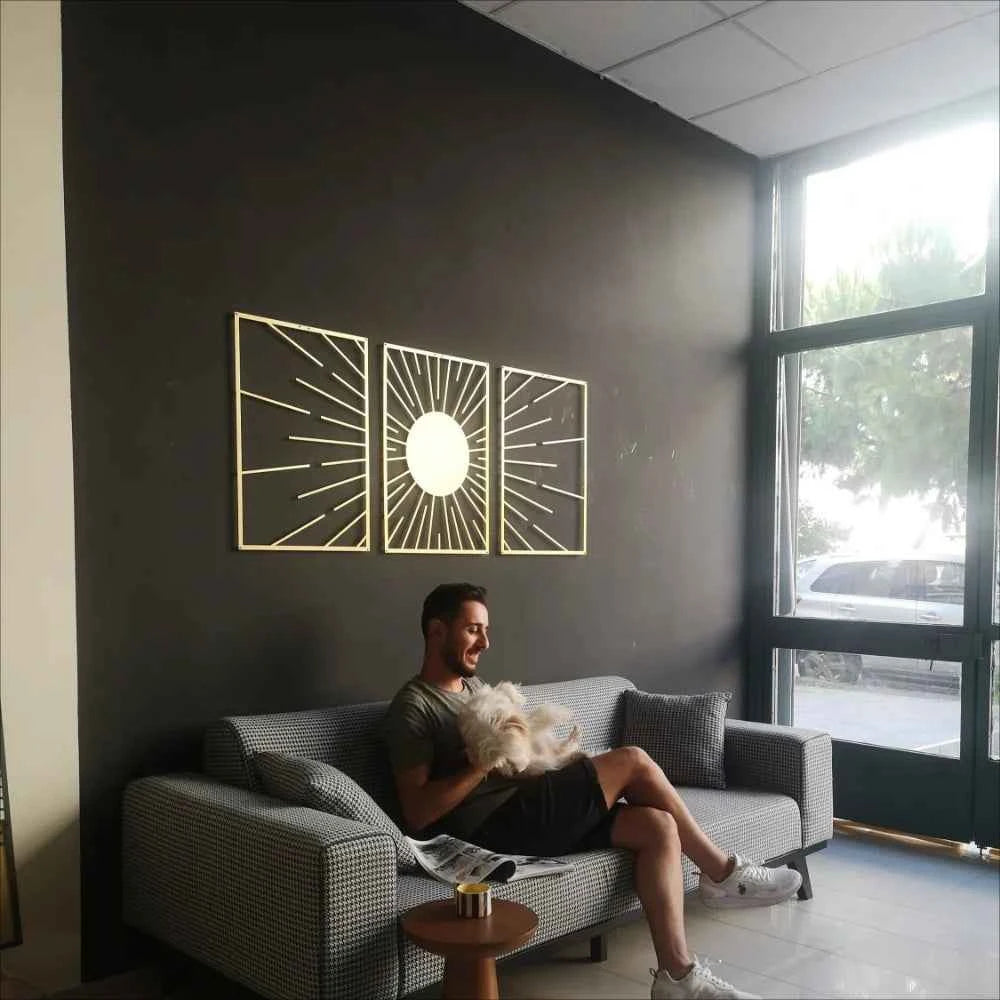 SUN framed wall art , Abstract Sun Wall Decor, Gold Metal Wall Decor Set, Gold Wall Art Set of 3, Above Bed Decor, Above Sofa