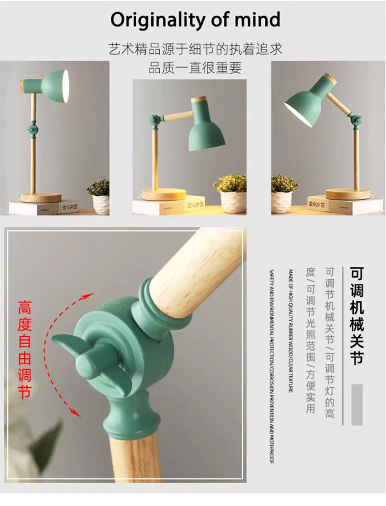 Creative Nordic Table Lamp Wooden Art LED Turn Head Simple Bedside Desk Light/Eye Protection Reading&Bedroom Study Lamp The Home Essentials