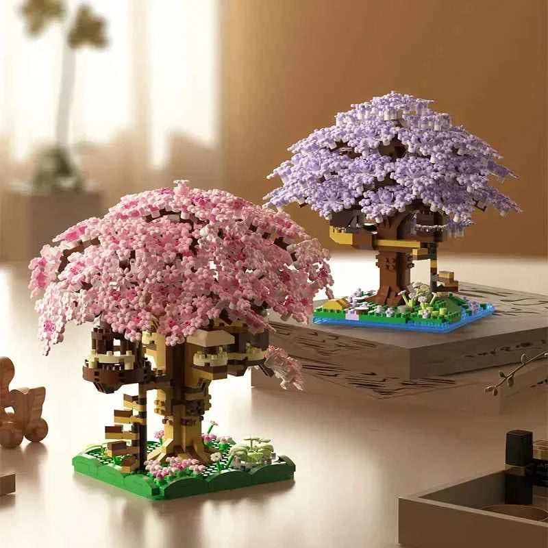 DIY Purple Romantic Cherry Blossom Flower Pink Tree House Assembly Building Blocks Classic Model Miniature Bricks Sets Kid Gifts