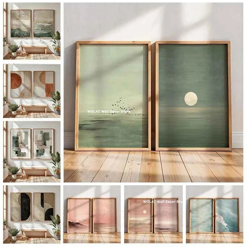 2pcs/set Japanese Retro Wabisabi Mountain Abstract Canvas Printing Abstract Green Sunset Flying Crane Wall Art Poster Home Decor