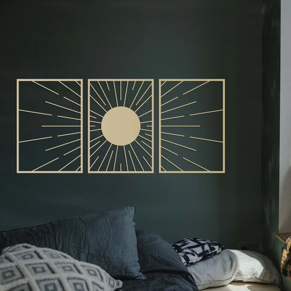 SUN framed wall art , Abstract Sun Wall Decor, Gold Metal Wall Decor Set, Gold Wall Art Set of 3, Above Bed Decor, Above Sofa The Home Essentials