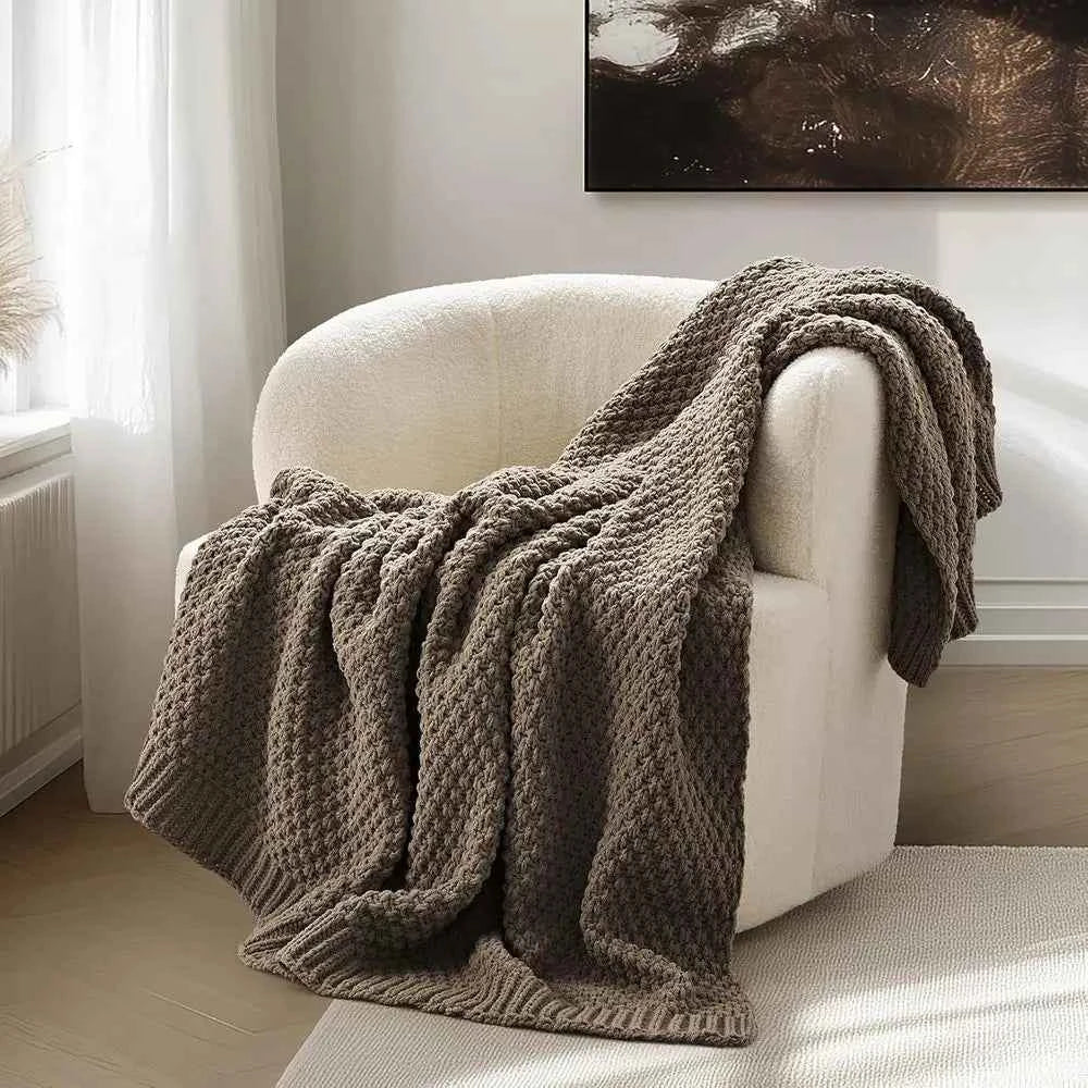 Chunky Chenille Knit Throw Blanket or Couch, Sot Luxurious Moss Stitch Blankets or Bed, Cozy Decorative armhouse Knitted Throws