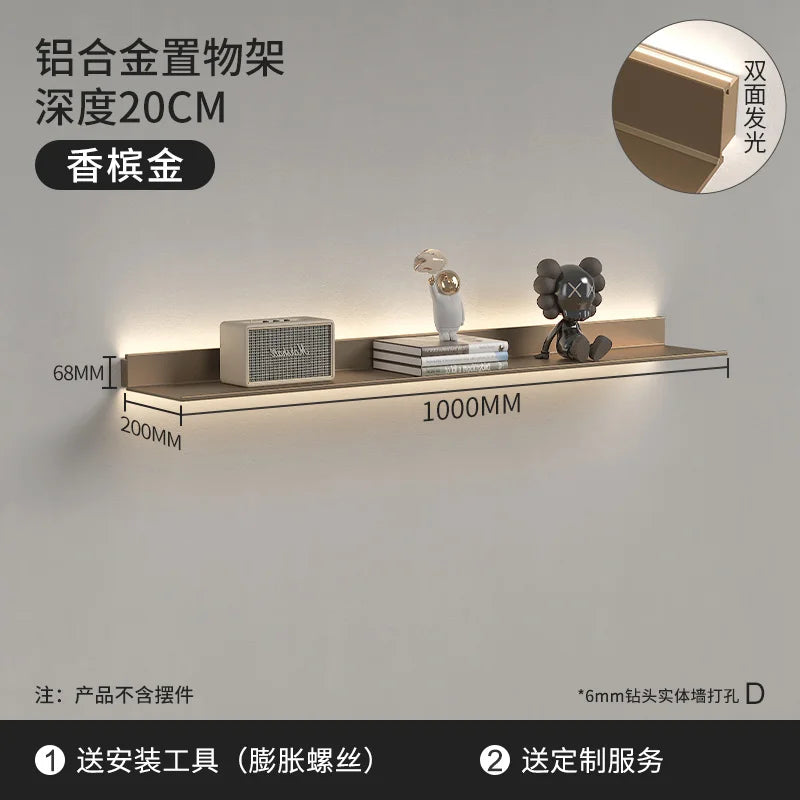 Luminous LED Storage Rack Aluminum Alloy Wall Holder L-shaped One-word Bookshelf for Living Room Metal Glowing Display Shelf The Home Essentials