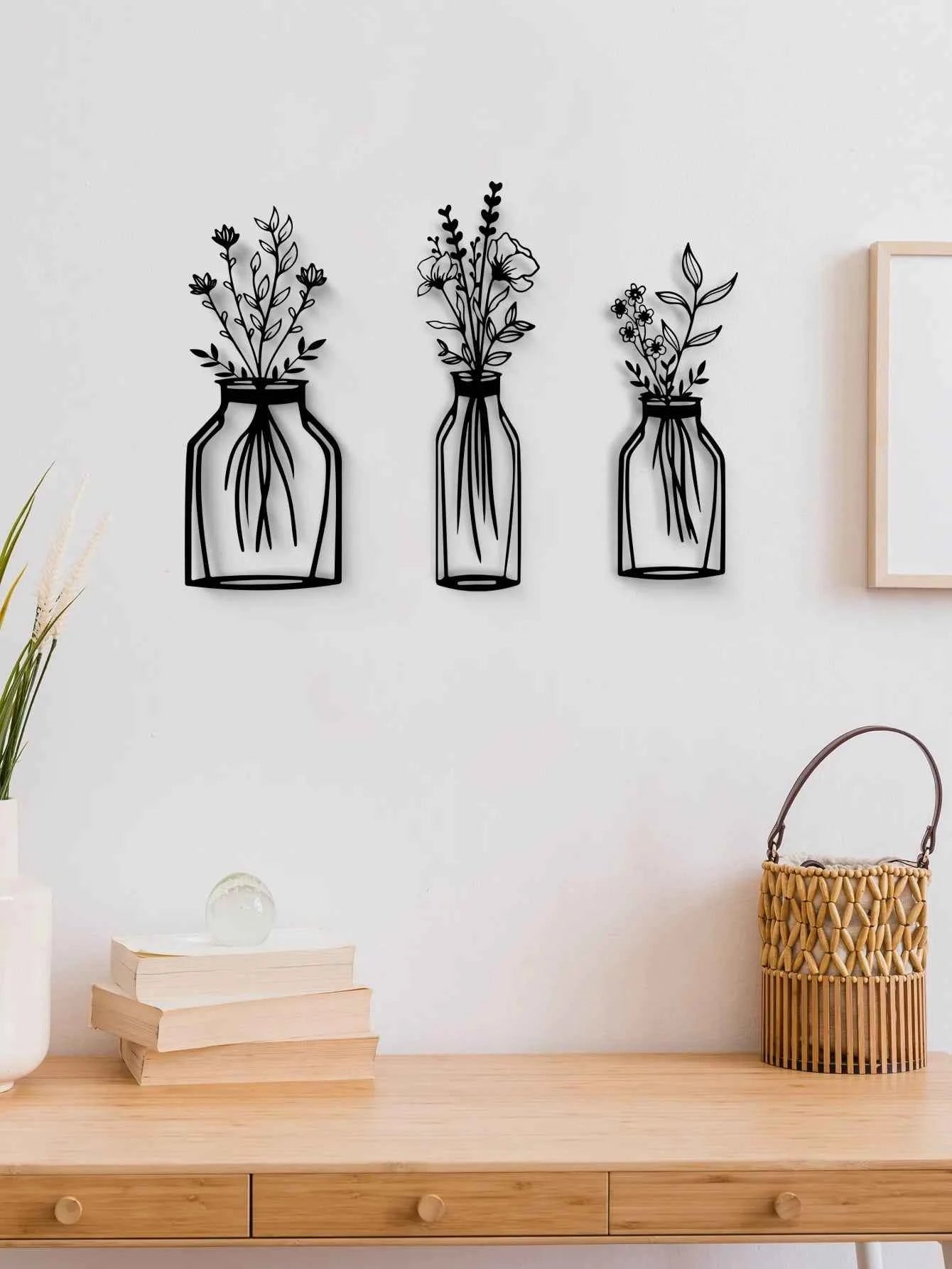 3Pcs Black Metal Flowers Wall Decor Minimalist Floral Wall Hanging Art, Black Abstract Line for Bedroom Wall Art Sculptures