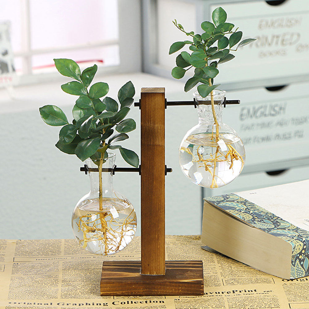 Creative Glass Desktop Planter Bulb Vase Wooden Stand Hydroponic Plant Container Home Tabletop Decor Vases The Home Essentials