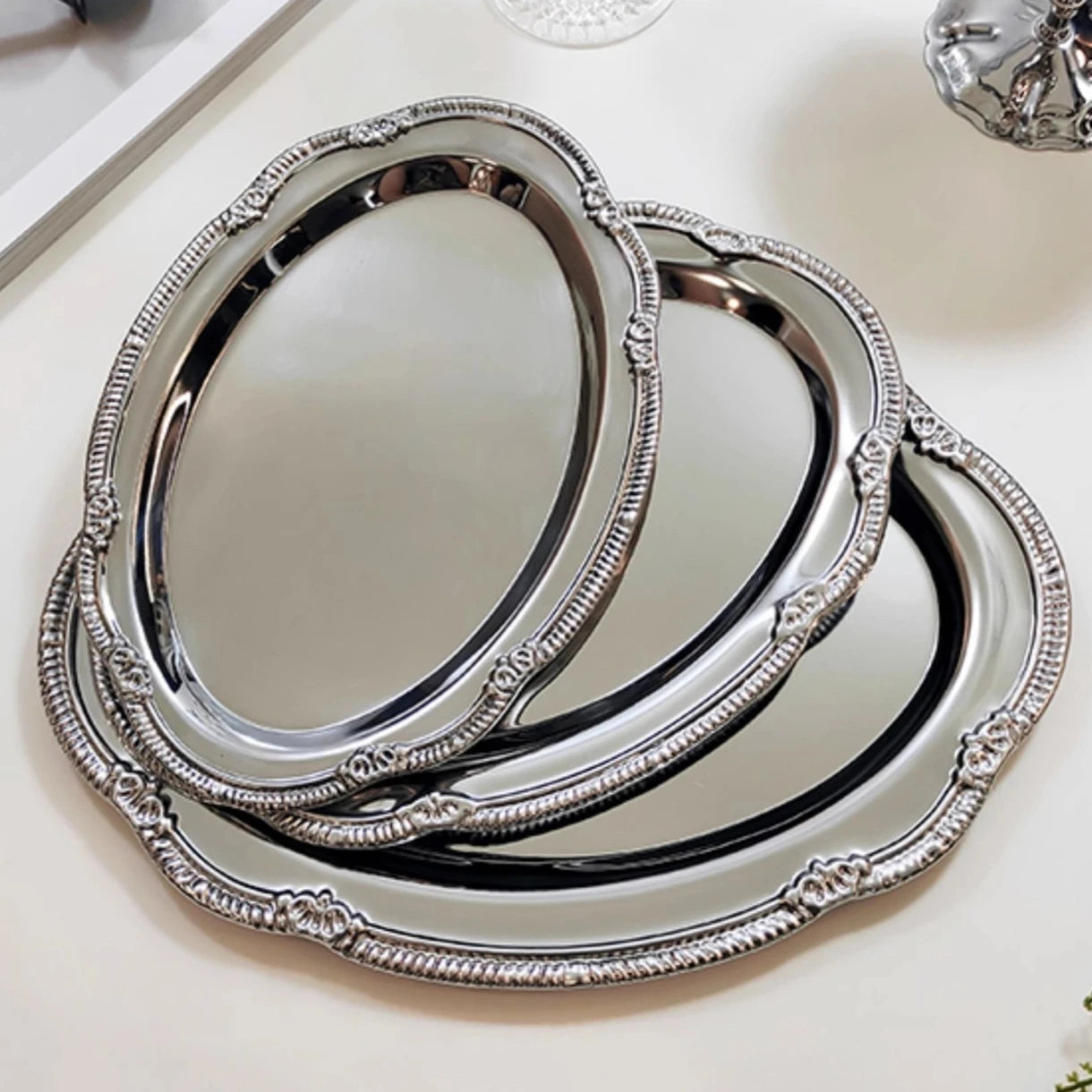 Vintage Embossed Silver Tray Serving Platter For Desserts Jewelry Storage Organizer Snack Plate Dining Table Decoration The Home Essentials