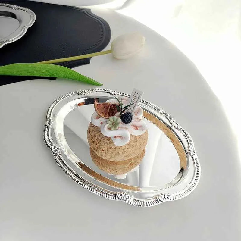 Vintage Embossed Silver Tray Serving Platter For Desserts Jewelry Storage Organizer Snack Plate Dining Table Decoration