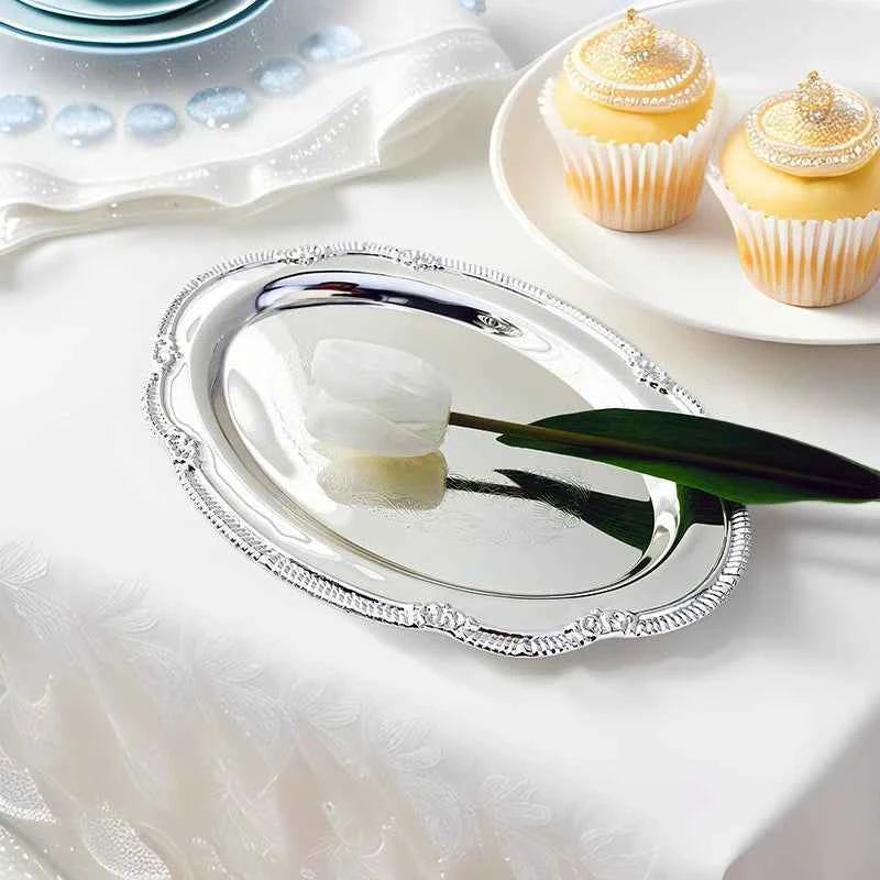 Vintage Embossed Silver Tray Serving Platter For Desserts Jewelry Storage Organizer Snack Plate Dining Table Decoration