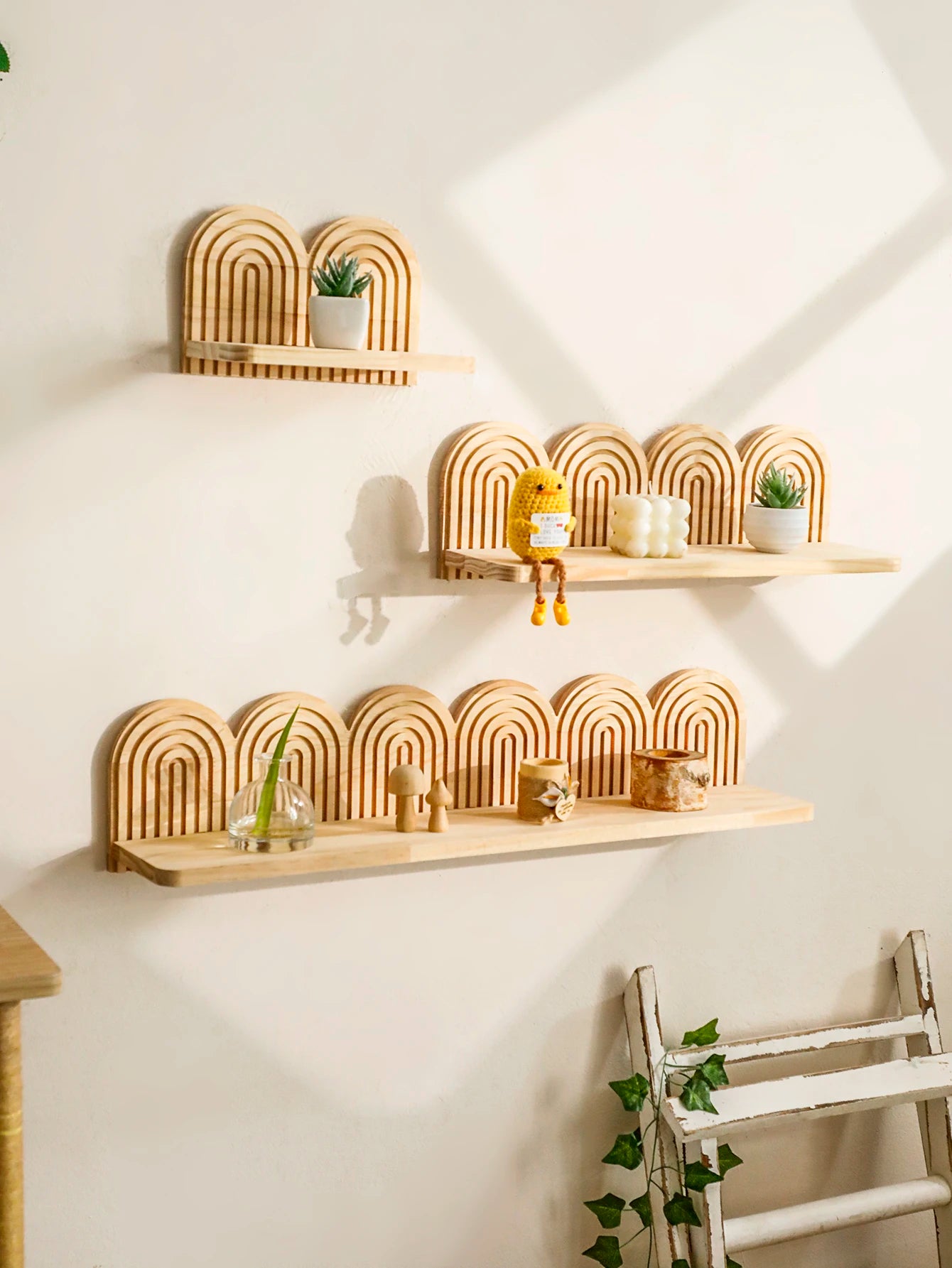 1pc Rustic Wooden Wall Mounted Shelves, Rainbow Arch Design, Decorative Display Racks for Succulents, Crystals & Home Decor Gift