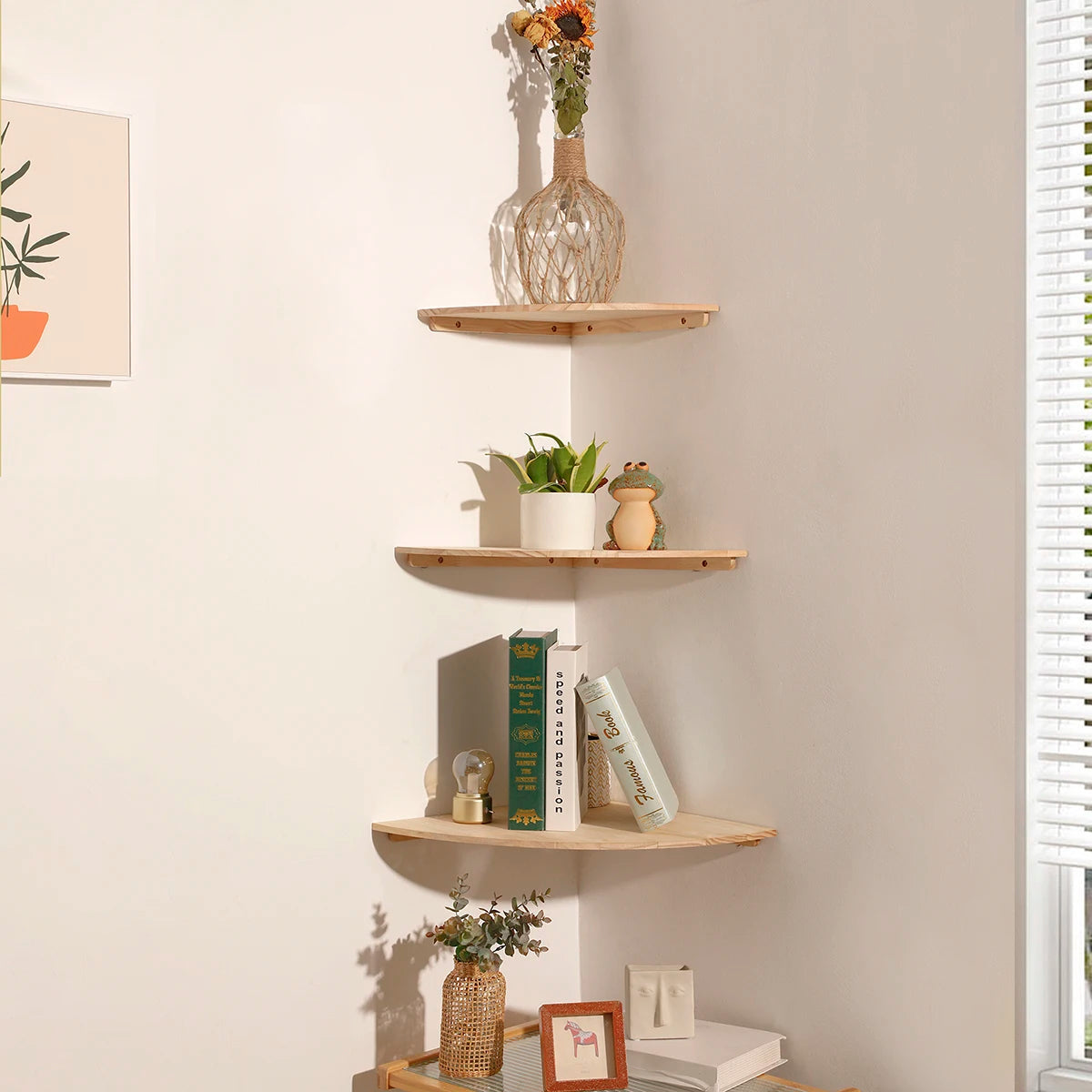 Wall Corner Shelves Wood Floating Wall Shelf Round End Wall Mounted Floating Corner Shelf for Bedroom Living Room and Kitchen The Home Essentials