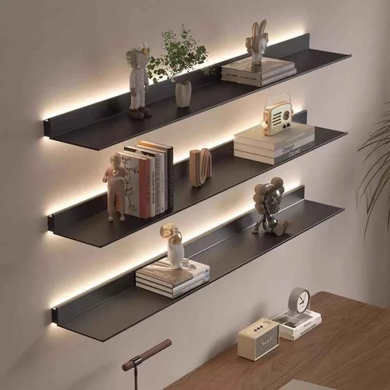 Luminous LED Storage Rack Aluminum Alloy Wall Holder L-shaped One-word Bookshelf for Living Room Metal Glowing Display Shelf