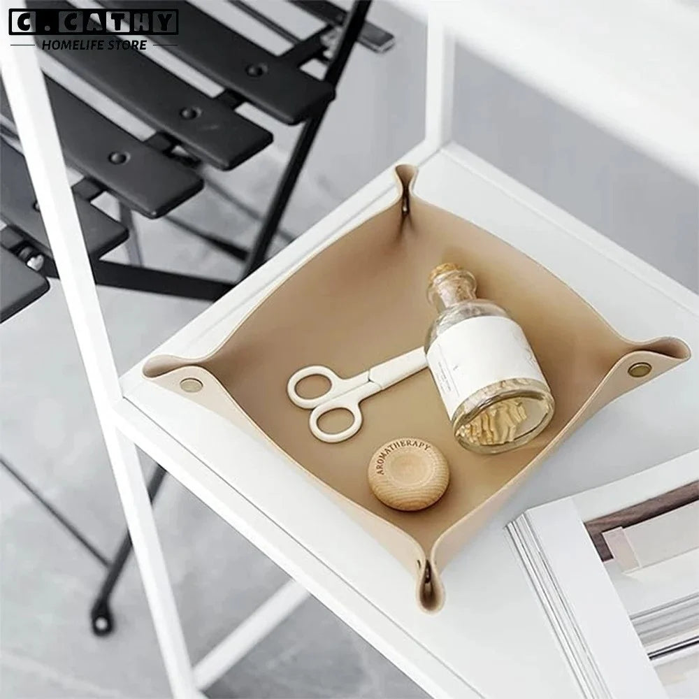 1PC 25X25CM Leather Tray Foldable Table Storage Box Jewelry Key Coin Desk Top Organizer Entryway Nightstand Home  Decoration The Home Essentials