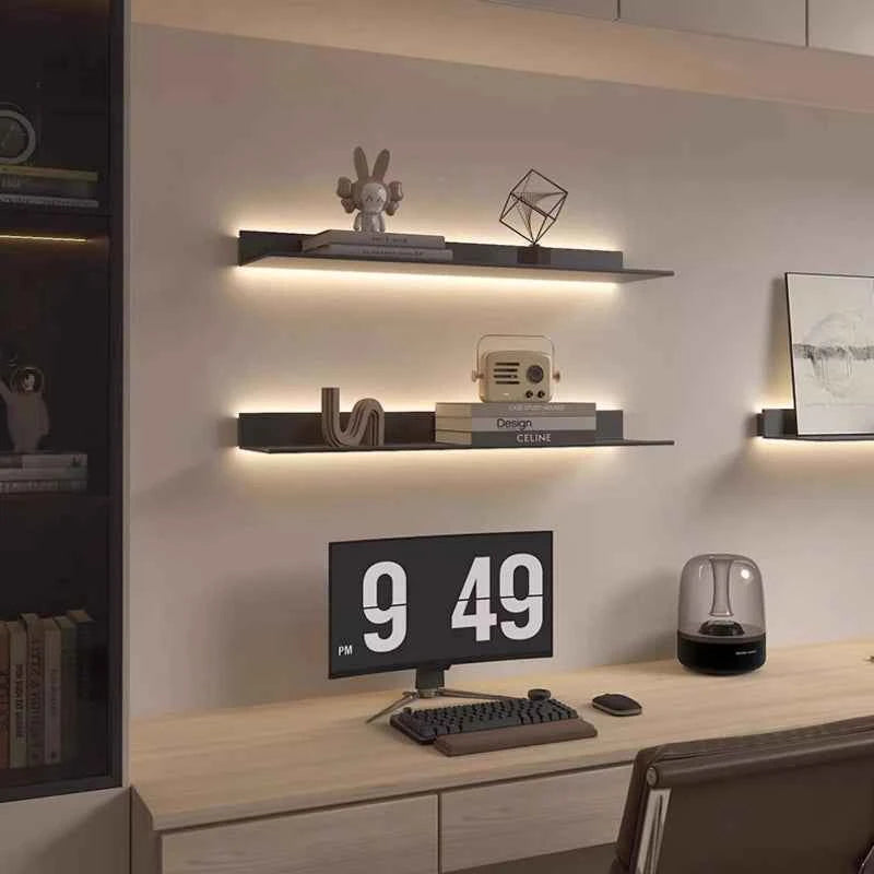 Luminous LED Storage Rack Aluminum Alloy Wall Holder L-shaped One-word Bookshelf for Living Room Metal Glowing Display Shelf
