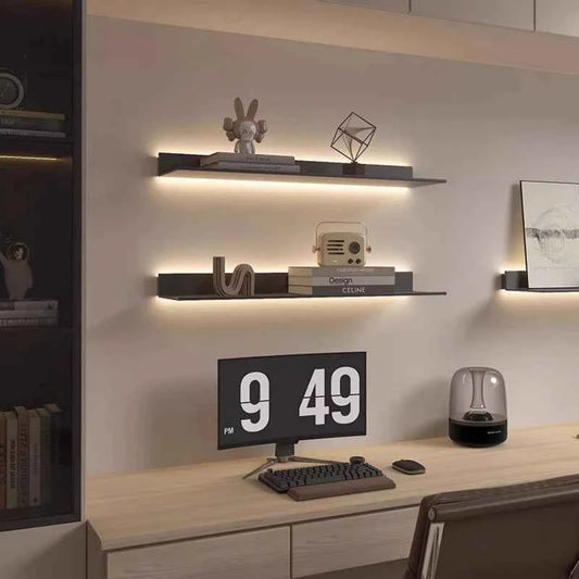 Luminous LED Storage Rack Aluminum Alloy Wall Holder L-shaped One-word Bookshelf for Living Room Metal Glowing Display Shelf