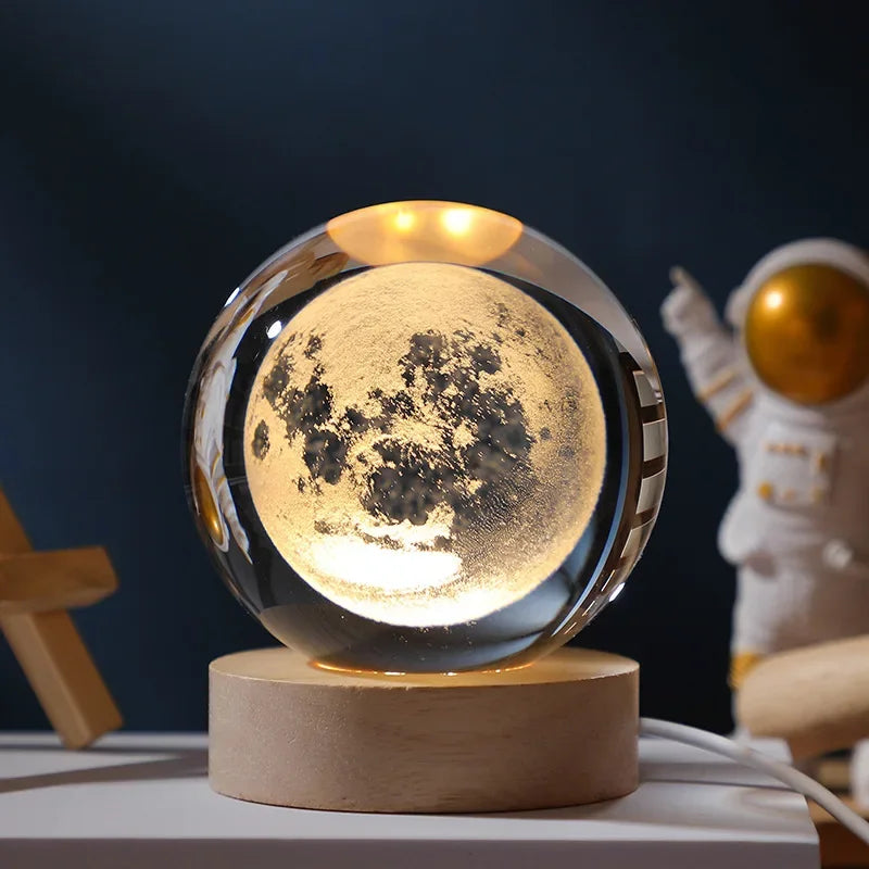 3D Galaxy Crystal Ball LED Night Light – USB Moon & Planet Lamp for Home Decor