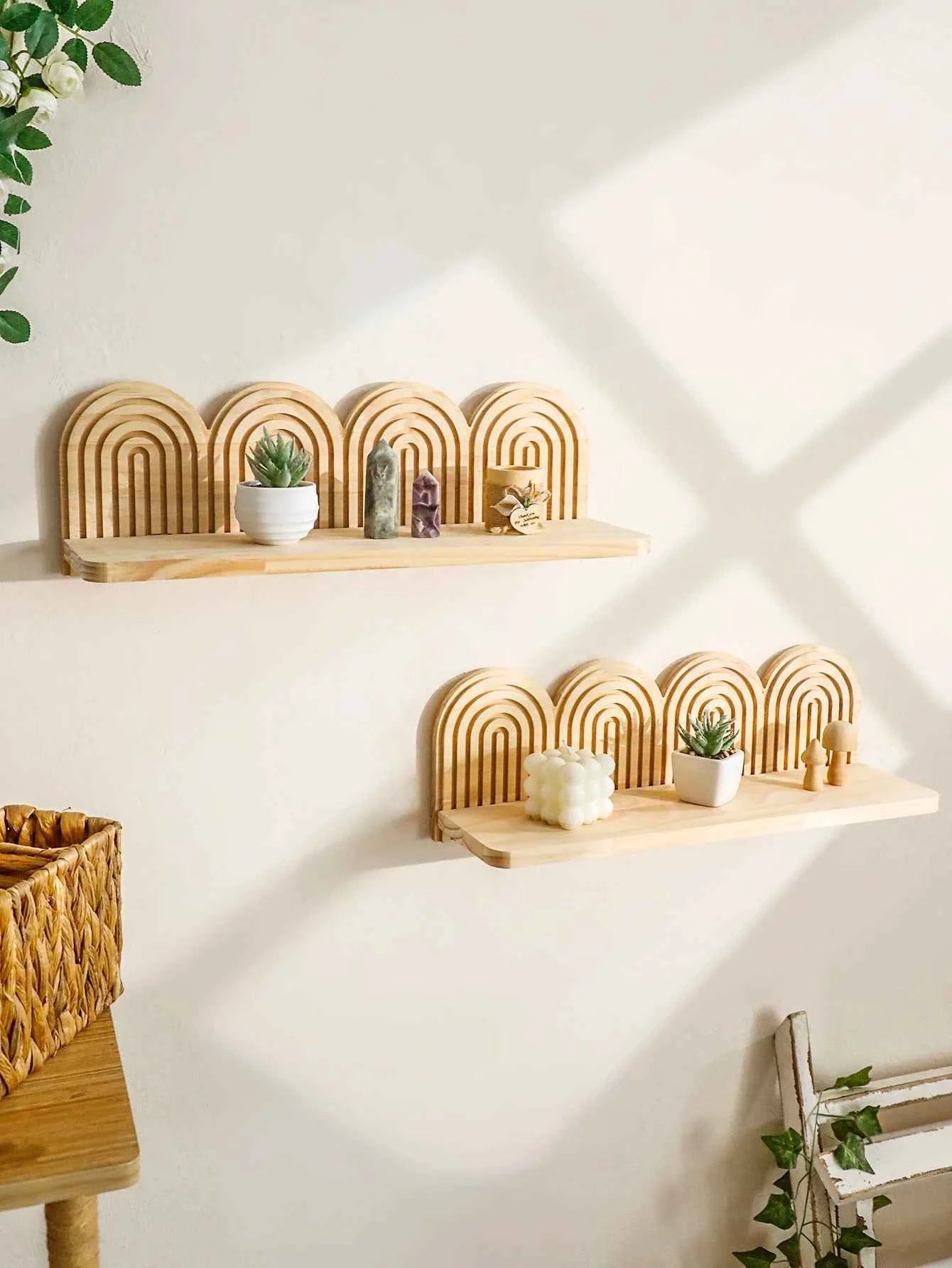 1pc Rustic Wooden Wall Mounted Shelves, Rainbow Arch Design, Decorative Display Racks for Succulents, Crystals & Home Decor Gift