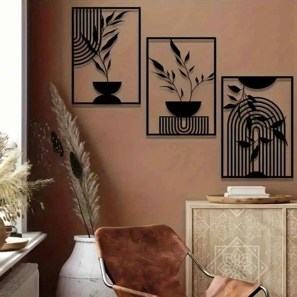 Black Metal Wall Art Decor 3-Piece Set，Modern Abstract Line Design Rustproof Iron for Bedroom Living Room Indoor Outdoor